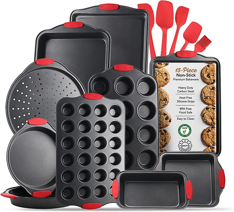EATEX Baking Pan Set, 15 Piece Premium Baking Set, Nonstick Bakeware Sets BPA Free, Cookie Sheets for Baking Nonstick Set, Steel Baking Sheets for Oven with Muffin Pan, Cake Pan & Black Kitchen Utensils - Image 1